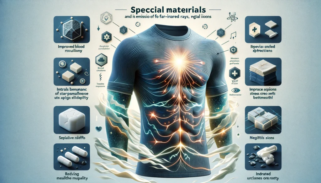 リライブシャツの特殊素材とその効果を示す画像。トルマリン、遠赤外線、マイナスイオン、血流改善、ストレス軽減、睡眠の質向上を説明。